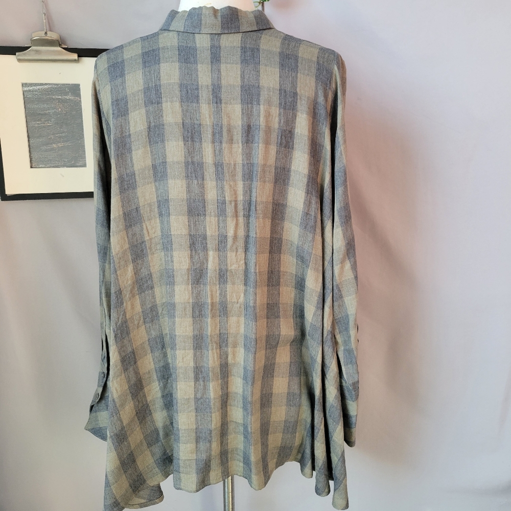 Hana San Oviv Khaki Check Button Up Shirt 38 6/8 M - Picture 3 of 14